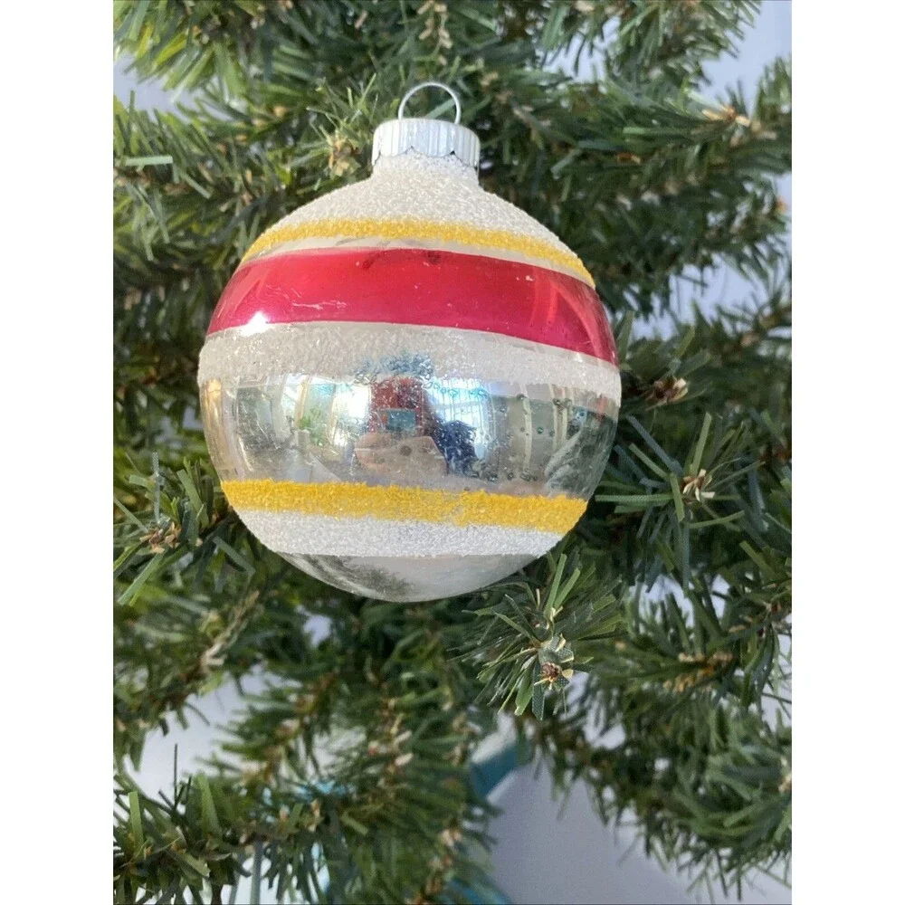 Vintage Christmas Shiny Brite Mica Striped Glass Ornament Ball Red Blue Yellow